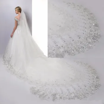 

Cheap Sale White Lace Appliques Cathedral Long One Layer Long Bridal Veil 2017 ivory Sequin 4M Long Wedding Accessories