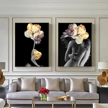 

WANGART Nordic Pictures Posters Decorative Wall Flowers Feather Nude Women Oil Painting Canvas Wall Art for Living Room Kitchen
