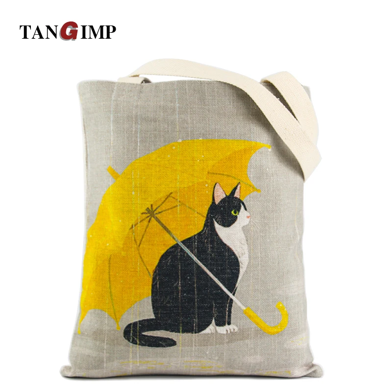 TANGIMP 2017 Carry-All Cotton DIY Grocery Shopping Handbags for Laptop Cute Cat Women Heavy Duty Eco Reusable Tote Beach Bags