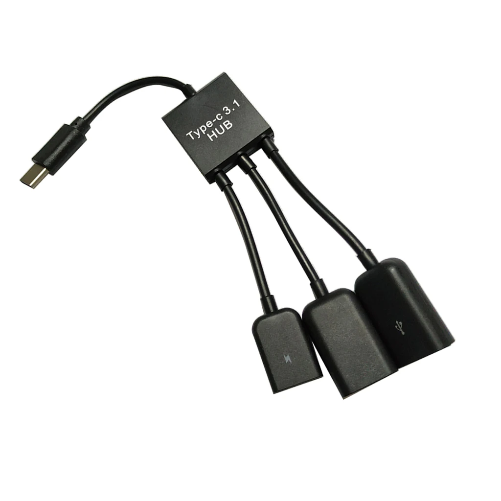 Type C Cable , 20cm 3 in 1 USB C Type C OTG Host to Micro USB + 2x USB2.0 Female Cable Hub Cord Adapter Connector Splitter Black
