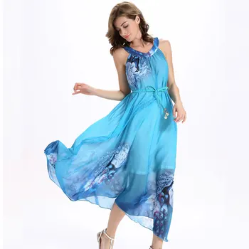 

New 2016 Fashion Women Sleeveless Summer Maxi Beach Dresses & Long Dress Peacock Pattern V-neck Blue Print Vestidos Femininos