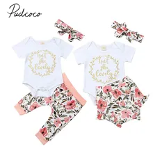 Летняя одежда для малышей для девочек Комплекты одежды с красивым цветочным и буквенным Топы комбинезон спортивный костюм брюки/шорты и повязка на голову; комплект одежды из 3 предметов