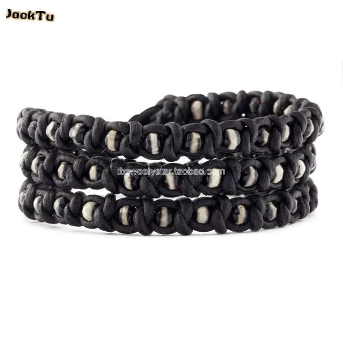 

eye beads knoted mens leather wrap bracelet black
