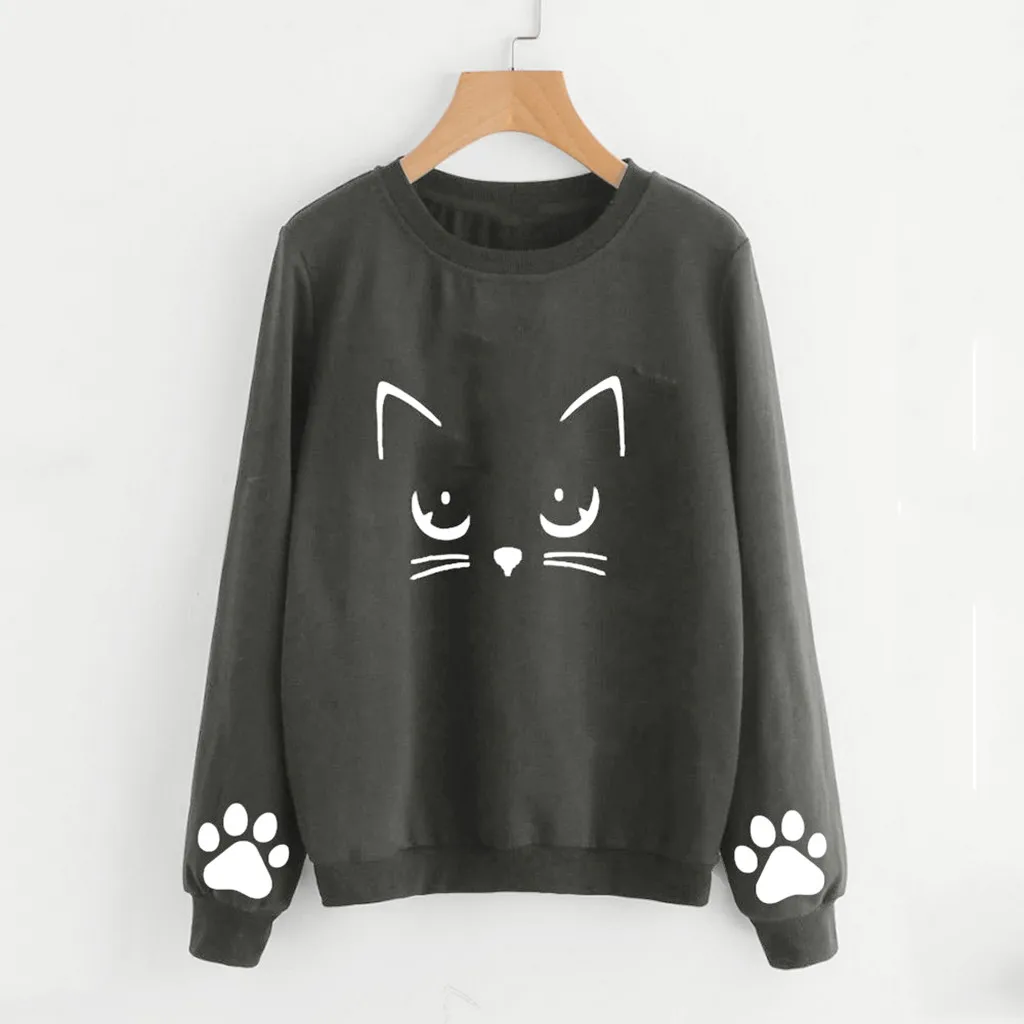 Autumn Winter Women Hoodies Cat Print O Neck Ladies Sweatshirt Casual Long Sleeve Regular Blouse Tops Loose Pullover