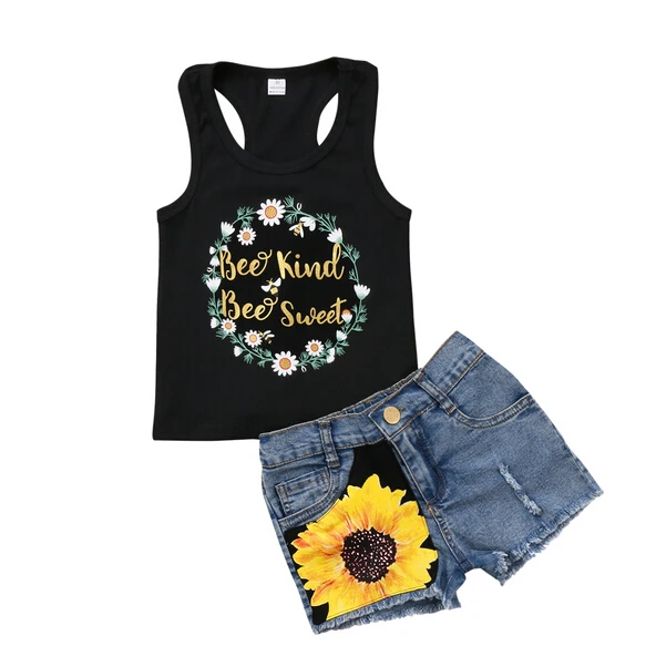 

Summer Kids Baby Girl Sunsuit Clothes Toddler Sleeveless Vest T-shirt Tops+Floral Denim Jeans Shorts Pants Set Clothing Set 1-7Y