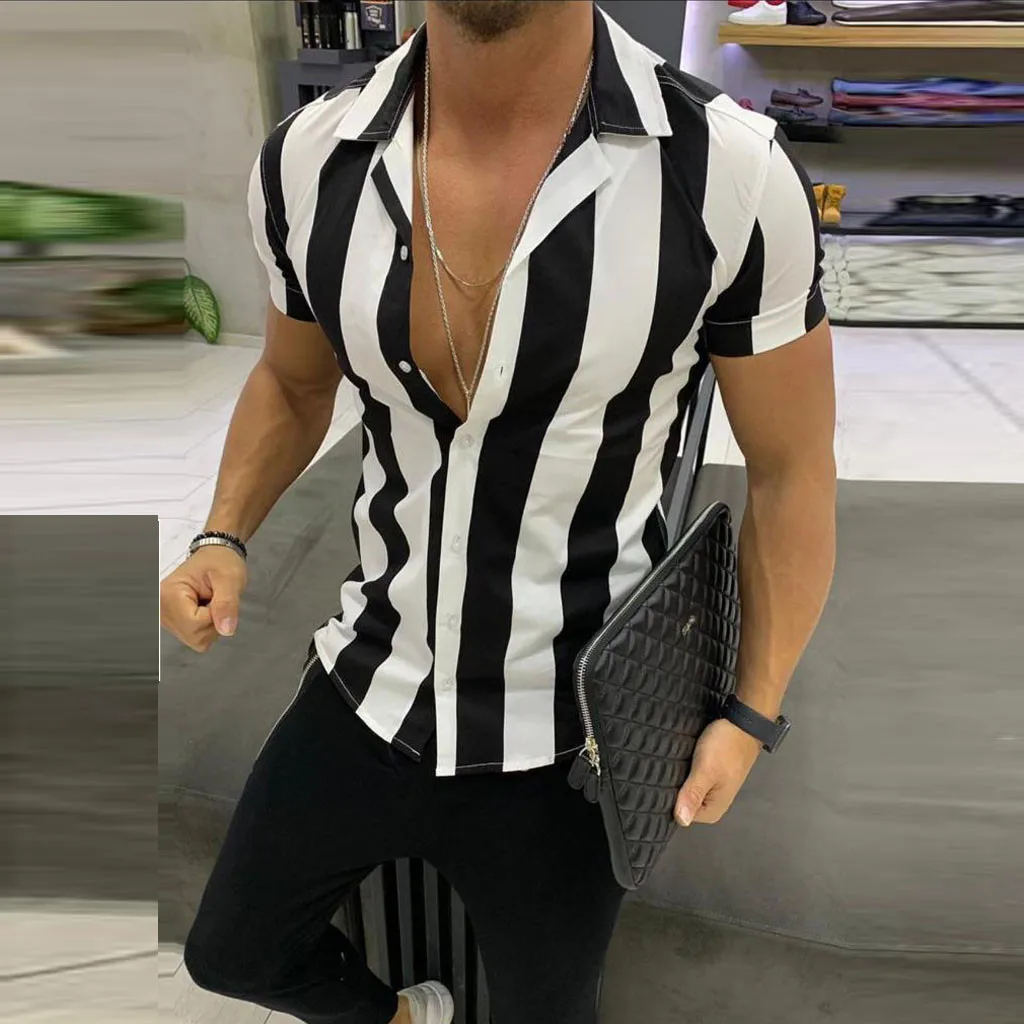 

Men Shirt Printed Splicing Colorful Stripe Summer Blouse Short Sleeve Tops Loose Shirts Turn-down Collar Men camisa masculina