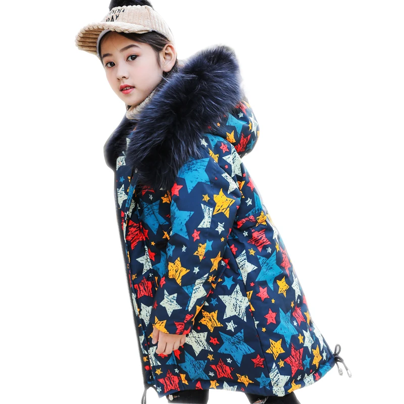 

Cold Winter Girls boys Warm Clothes 6-14year children Coat 2019 Thicken Jacket Hooded Xmas Snowsuit star collars long Outerwear