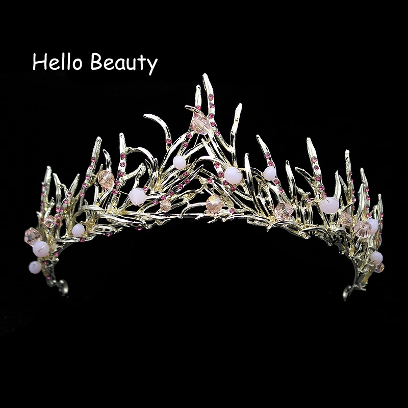 

Vintage Hairwear Rhinestone Queen Diadem Branch Leaf Pink Crystal Wedding Tiaras And Crowns For Bride Women Prom Hair Jewelry