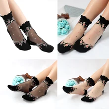 Эластичные носки, прозрачные шелковые ультратонкие кружевные носки, 1 пара, летние прозрачные короткие носки в стиле барокко