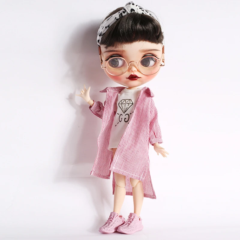1 шт., Повседневная Длинная полосатая рубашка Blyth Dolls, розовая, синяя, нестандартная рубашка для кукол Blyth licca, аксессуары, Одежда для кукол