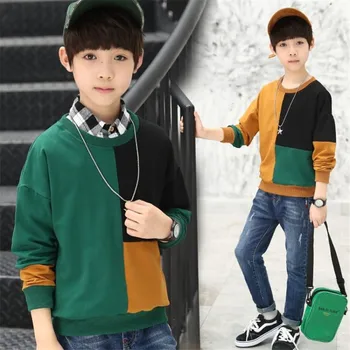 

Boy O-neck Tops Plaid Cotton T-shirt Children Spring Autumn Kids Casual Clothes Big Size Infant Tees 5 6 8 9 12 14 Fall Clothing