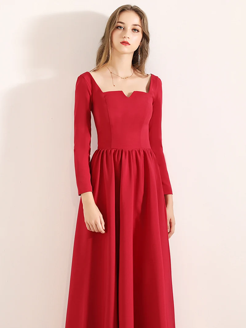 NOBLE WEISS/длинные красные платья для выпускного вечера, простое платье с квадратным воротником и длинными рукавами, вечерняя одежда, вечерние платья для девочек