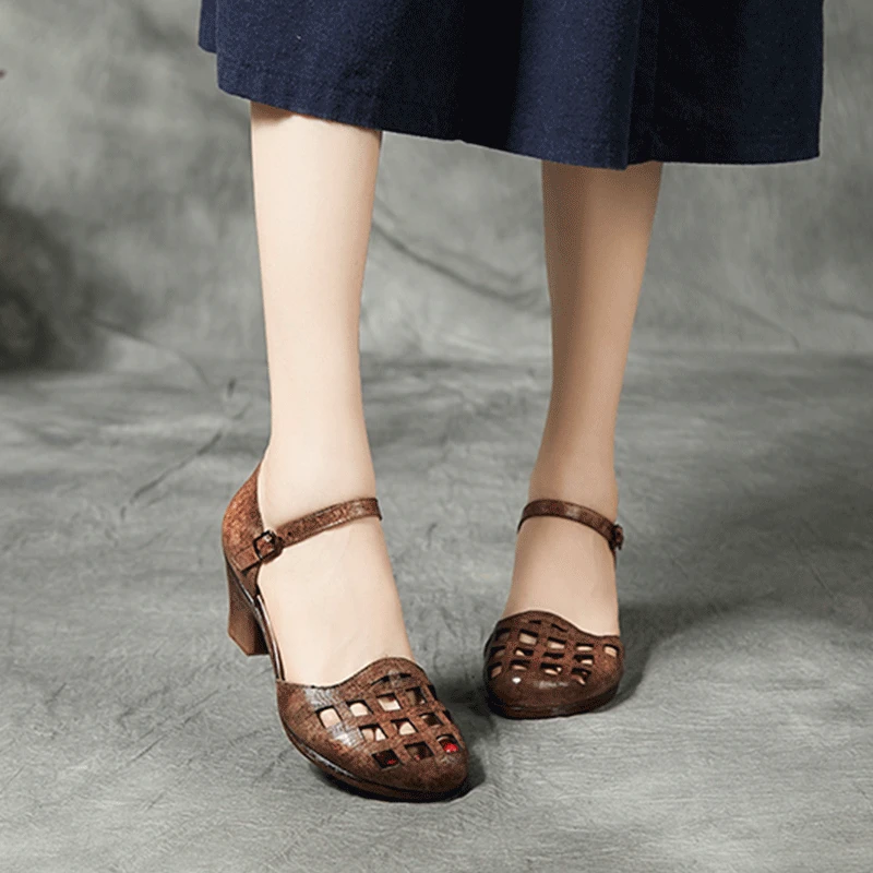 

Artdiya genuine Leather handmade women shoes hollow women's sandals 2019 spring and summer new Baotou retro thick leather