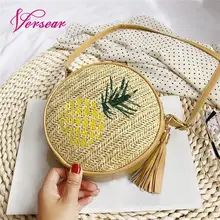 Versear 2019 Women Round Straw Bags Leaf Pineapple Embroidered Boho Vintage Holiday Summer Beach Wild Casual Small Rattan Bag