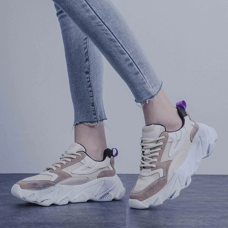 

Leisure Shoes Women Real Leather zapatos de mujer Spring Chunky Sneakers Platform Mesh chaussures femme Lady footware Patchwork
