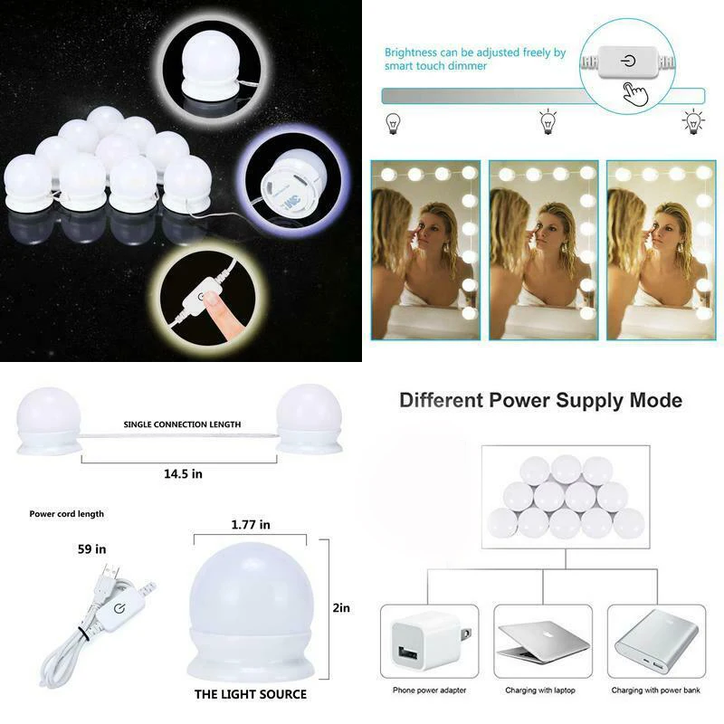Простой макияж зеркало Светодиодная лампа USB интерфейс Регулируемая яркость светодиодный свет для макияжа Настенные светильники 10 светодиодный зеркальный светильник
