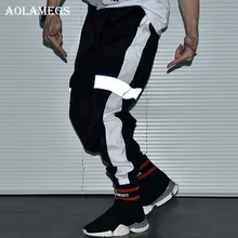 Aolamegs Pants Men Striped Reflective Track Pants Male Trousers Elastic Waist Fashion High Steet Joggers Sweatpants Streetwear