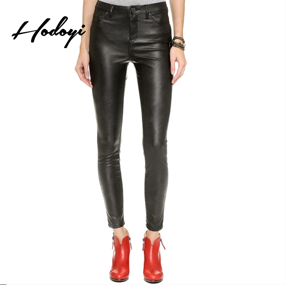 Hodoyi font b Women b font Pant Sexy Solid Black High Waist Pu Zipper Single Breasted