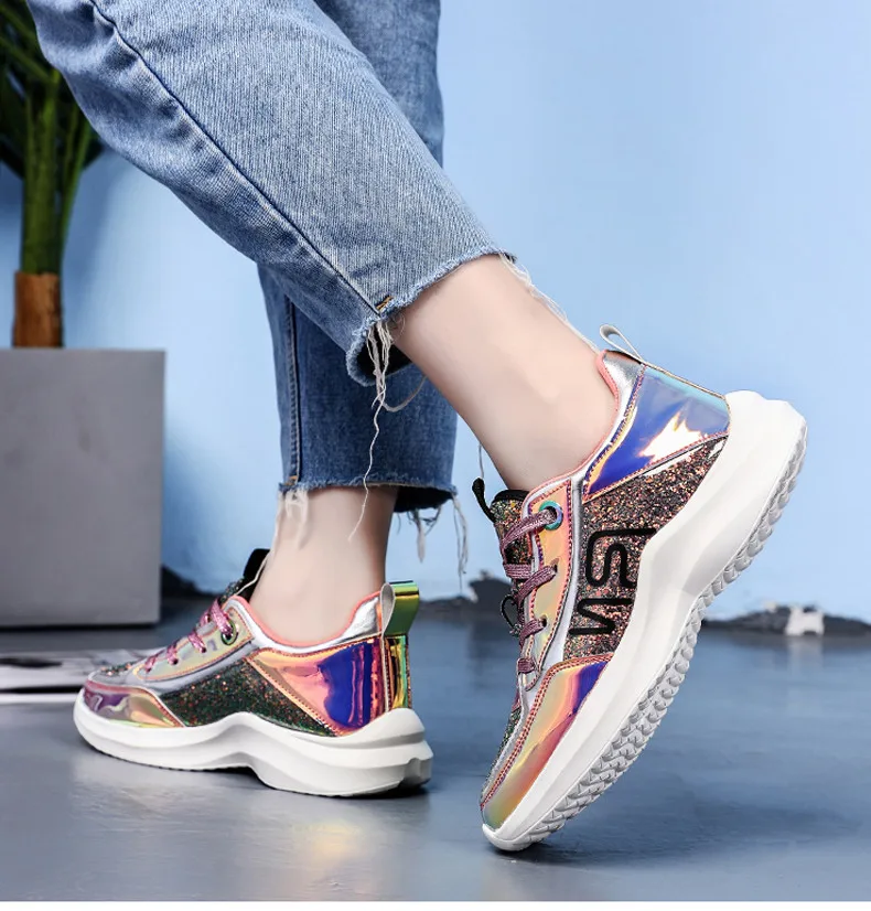 2019 Spring Sneakers Women Shiny Bling Lace-up Flats Shoes Women Basket Femme Trainers Shoes Chunky Sneakers creepers (10)