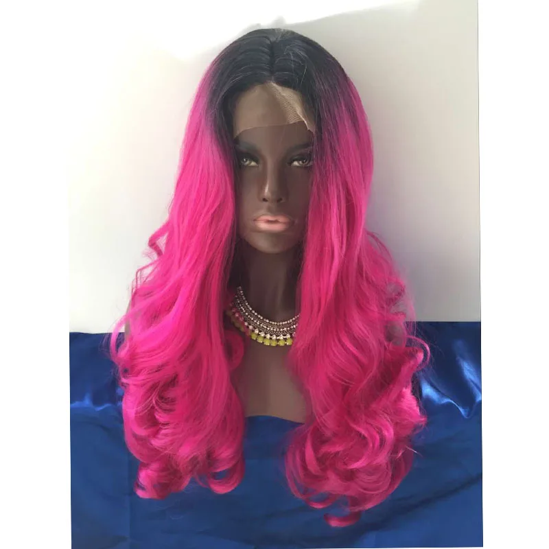 Long Wany Synthetic Lace Front Wig Dark Roots Black To Fuschia