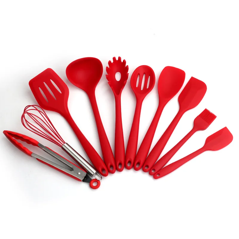 New Cookware Set 10 Sets Non-Stick Heat Resistant Silicone Egg Beater Cake Cooking Tools Kitchen Utensil Set Red Black 2 Colors