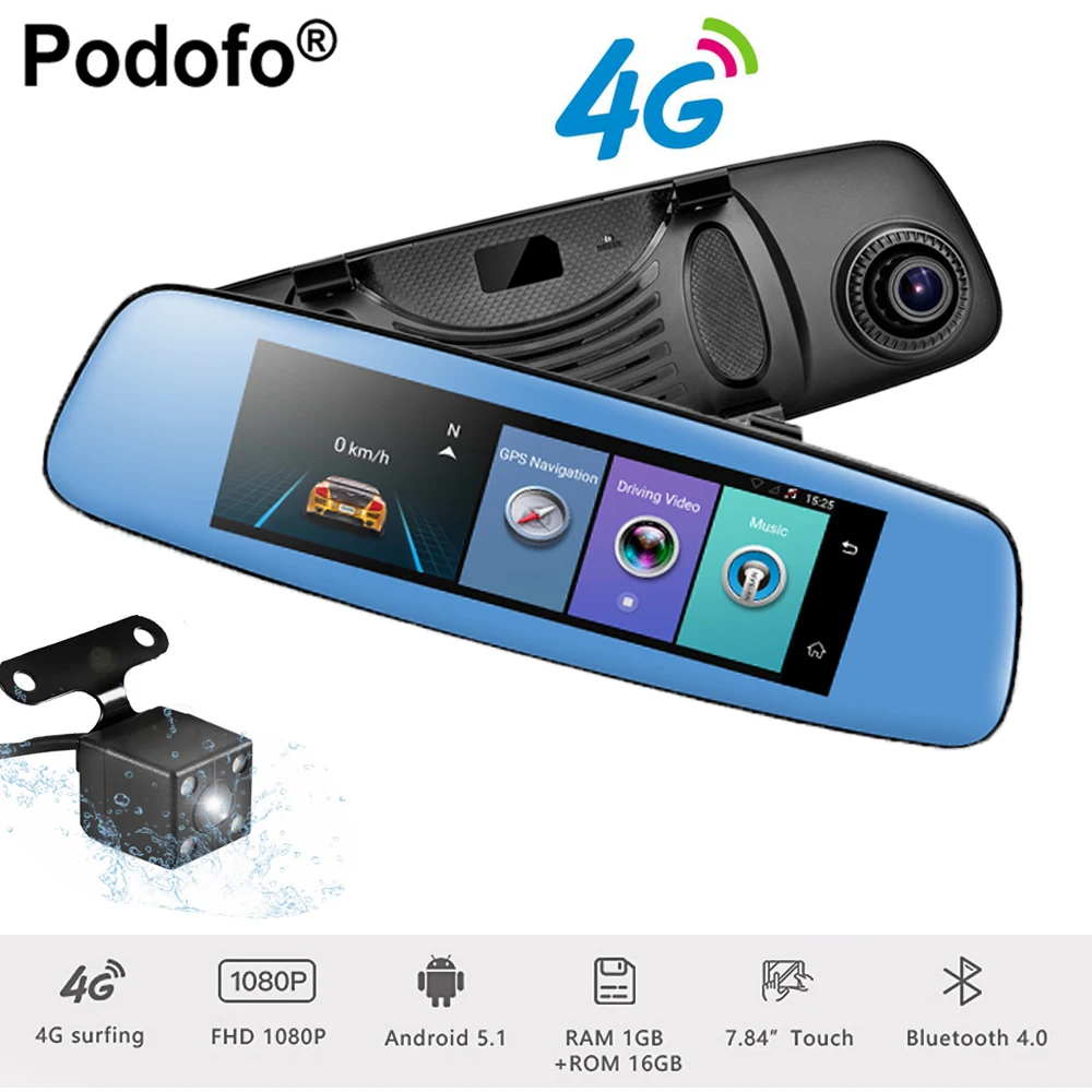 

Podofo 4G Car DVR 7.84" Touch Dash Cam Dual Lens ADAS Rear View Camera GPS Navigation Android 5.1 Bluetooth 1080P Registrar