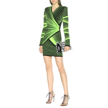 

High Quality 2019 New black jacquard Striped Bandage dress Women V-Neck long sleeve Vestidos Celebrity party bodycon dresses