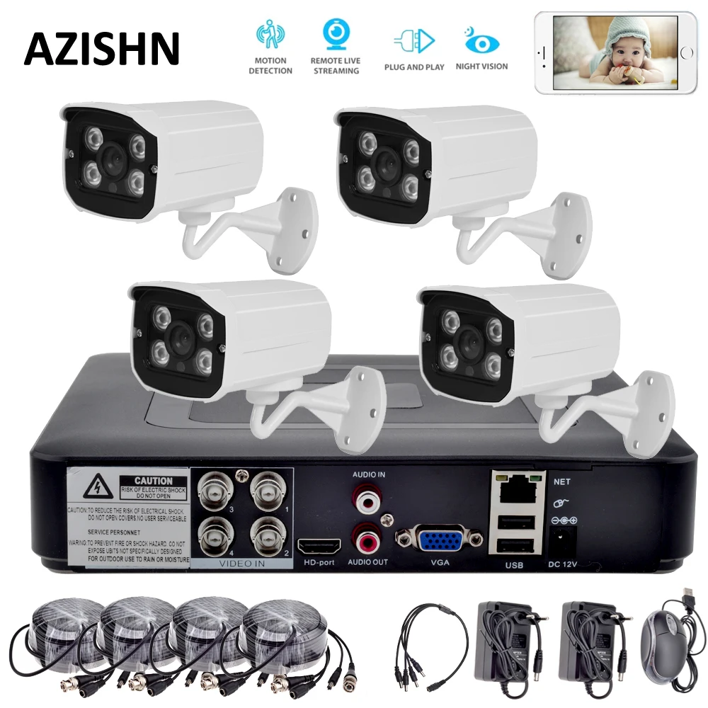 

AZISHN 4CH AHD CCTV System 1080P HDMI AHD DVR+4PCS 720P/1080P AHD metal Camera Waterproof Surveillance security camera system