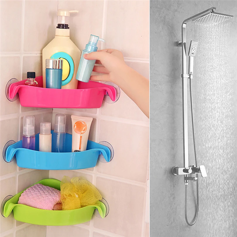 

Fit Corner Bathroom Suction Cup Storage Shelf Rack Bath Shower Wall Mounted Basket Holder case Space Saver Organizer Shelves J25