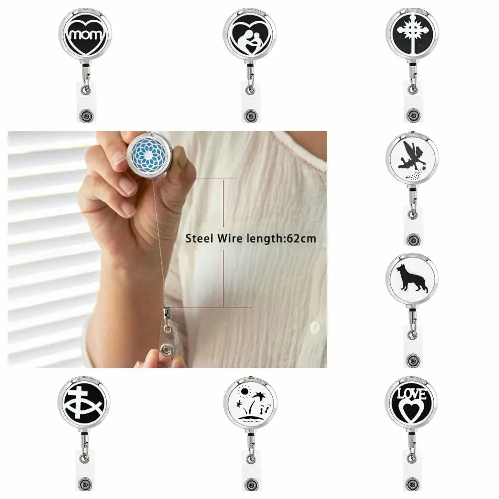 

30mm Essential Oil diffuser locket ID Badge Holder Retractable Pendant Cross mom angel dogStainless Steel fit necklace key chain