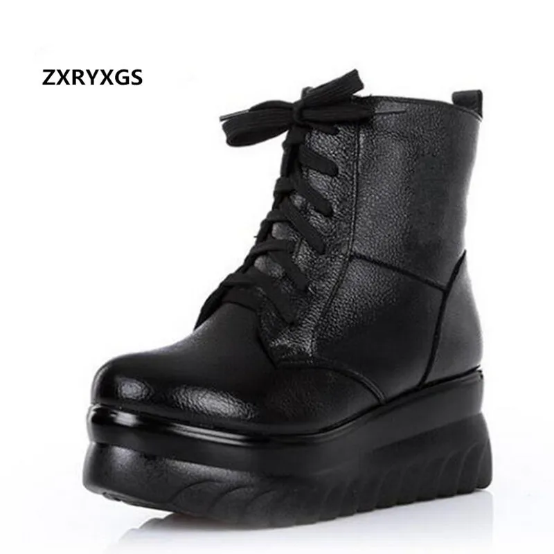 

Hot 2018 new fashion winter boots women shoes inside plush or wool cowhide leather boots snow boots with thick bottom high heels