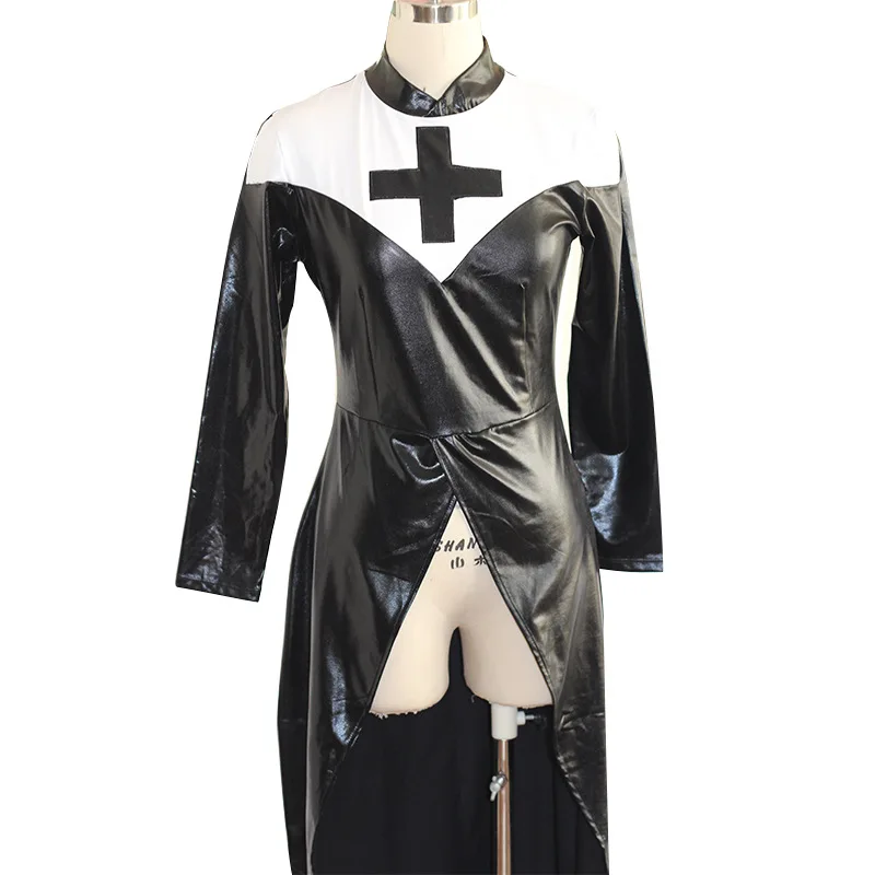 XB31 искусственная кожа сексуальный костюм монахини для взрослых женщин косплей с черной шляпой для Хэллоуина Сестра Косплей Костюм для вечеринки