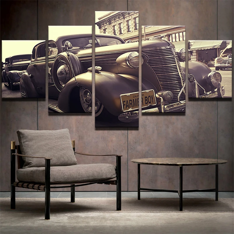 

Modular Vintage Popular Pictures Home Decor Paintings On Canvas 5 Panel Cool Car Wall Art For Living Room HD Printed Poster
