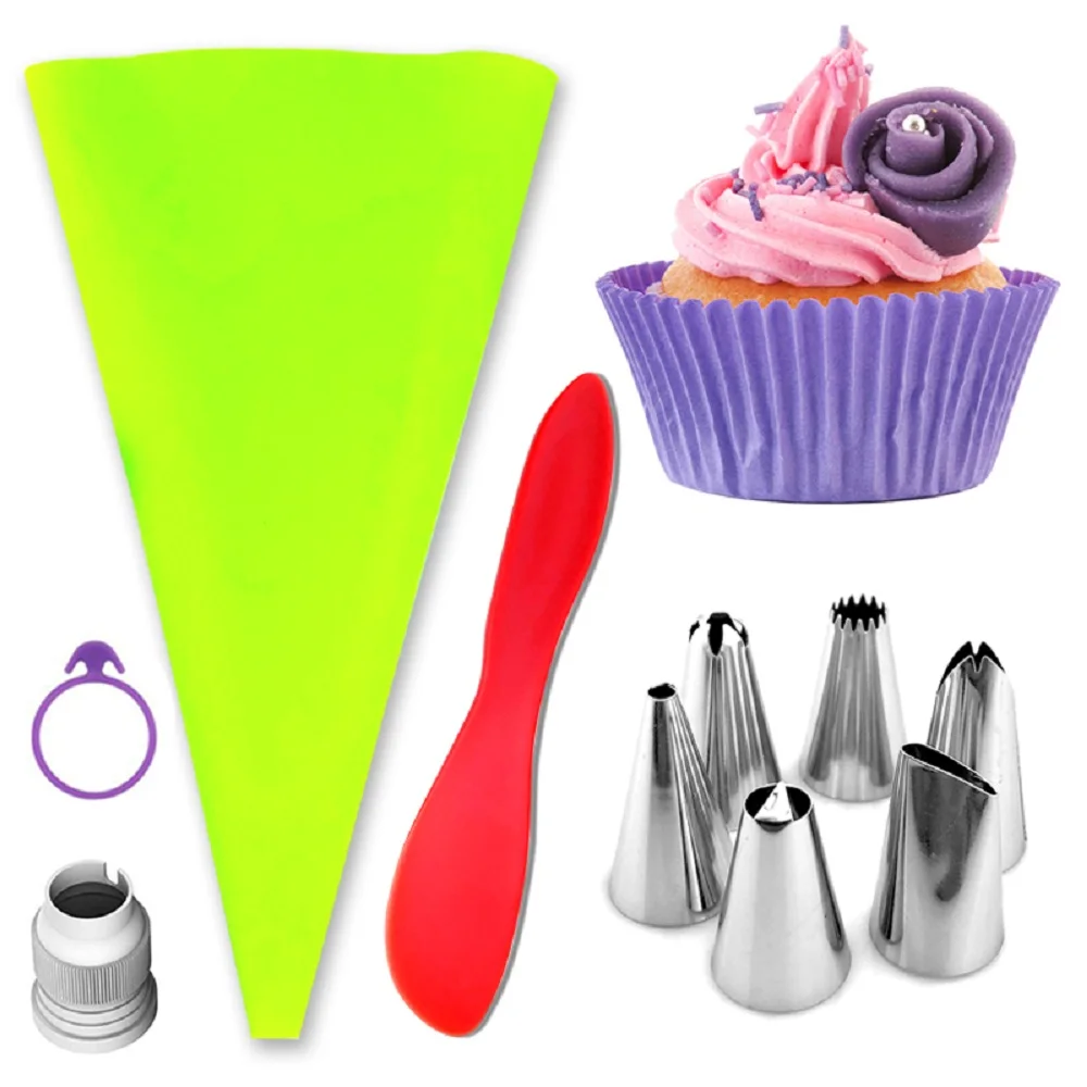 

10pcs/set Silicone Spatula Cup Cake Cream Mixer Baking Batter Scraper + 6pc Stainless Steel Nozzle Tips + Coupler Cake Decorator