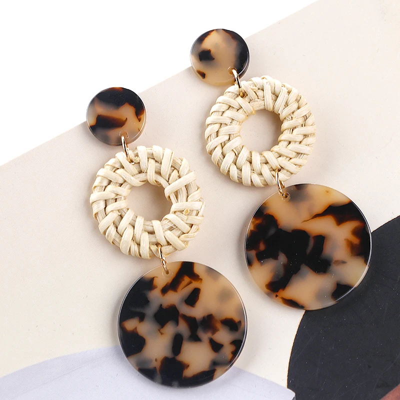 

AENSOA Korea Handmade Bamboo Long Drop Earrings For Women Unique Geometric Rattan Straw Braid Leopard Acrylic Round Earrings
