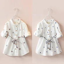 Г. Весенне-Осенняя детская одежда для девочек белые платья с длинными рукавами и поясом для маленьких девочек