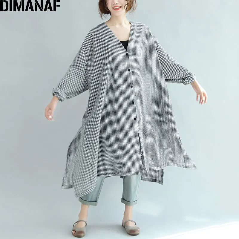 Женское длинное платье в клетку DIMANAF льняной кардиган с поясом и V образным