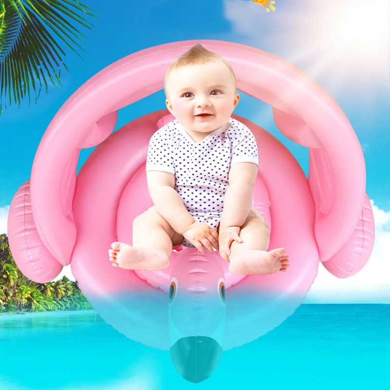Baby Shade Swim Float Circle Ring Safe Inflatable Flamingo Baby Arm Rings Kids Swimming Seat With Sunshade Swimming Pool Floats