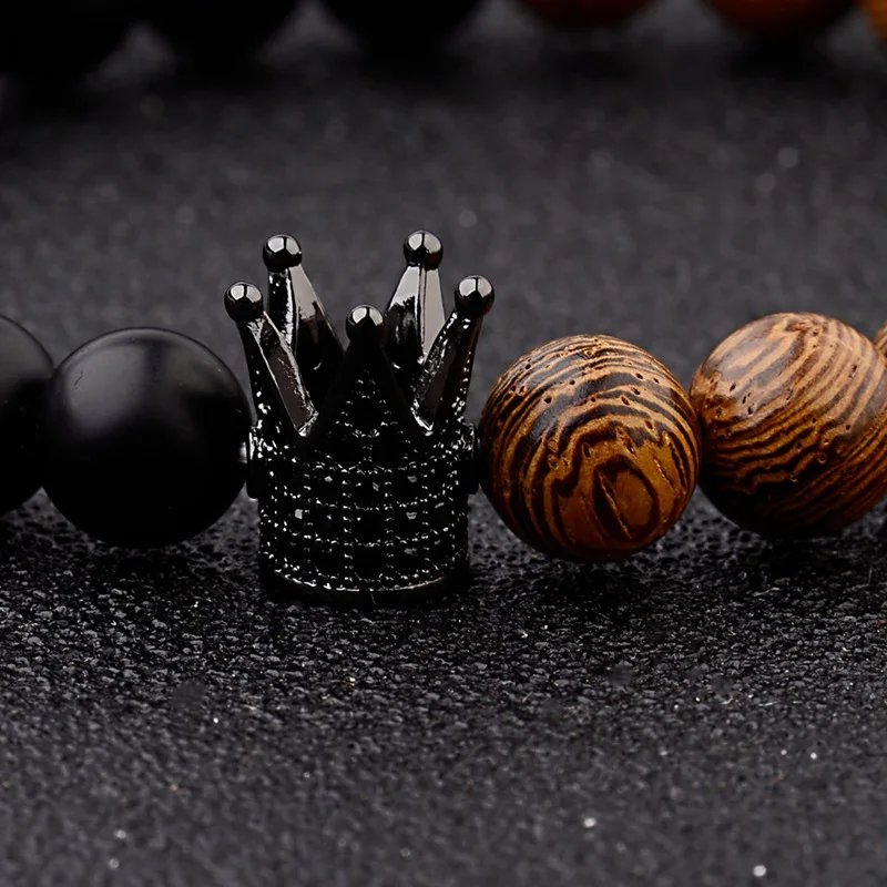 Amader дизайн пара браслетов ручной работы расстояние черный матовый и белый Cz корона король бусины из камня браслет влюбленных AB249