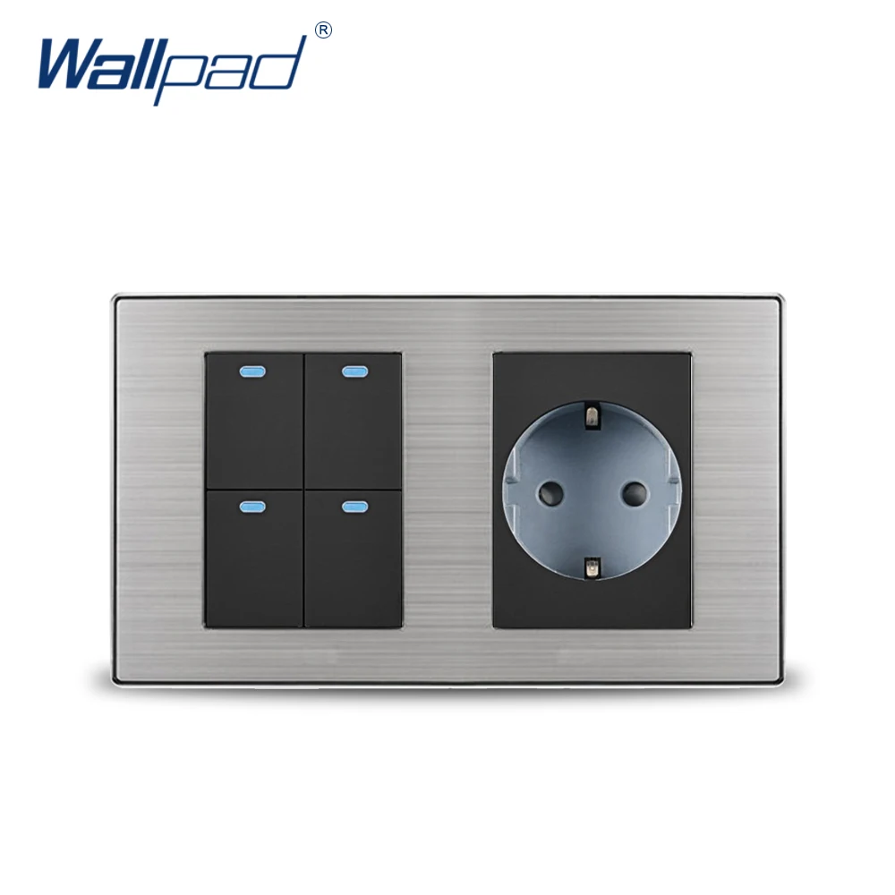 Wallpad 4 Gang 2 Way Switch With EU German Standard Schuko Socket Wall Power Socket Outlet Satin Metal Panel LED Indicator