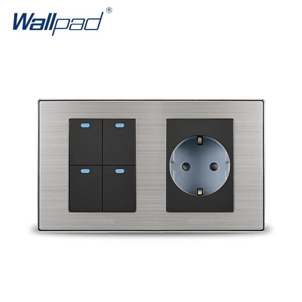 

2019 Wallpad 4 Gang 2 Way Switch With EU German Standard Schuko Socket Wall Power Socket Outlet Satin Metal Panel LED Indicator