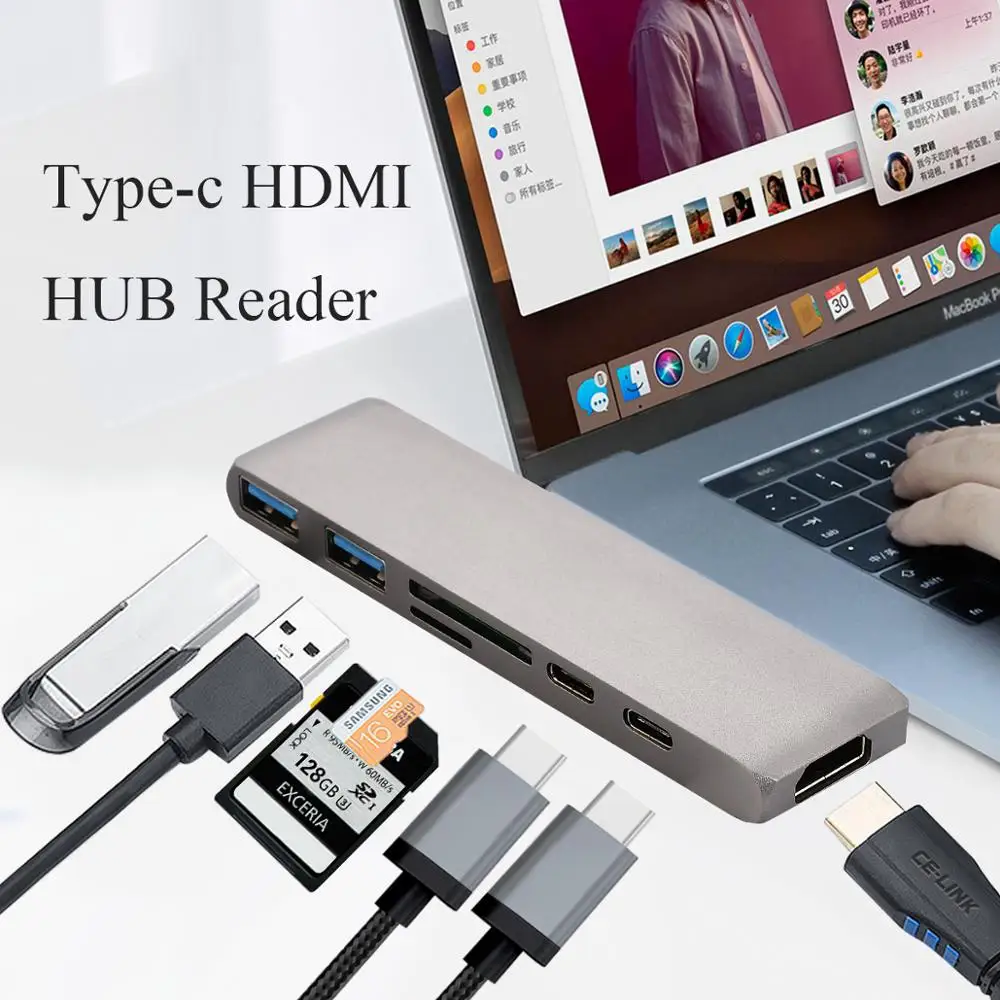 7-в-1 адаптер для чтения карт типа C с двумя USB-C-HDMI SD/TF Card Reader PD Зарядка 4K HD MacBook Pro USB 3 0