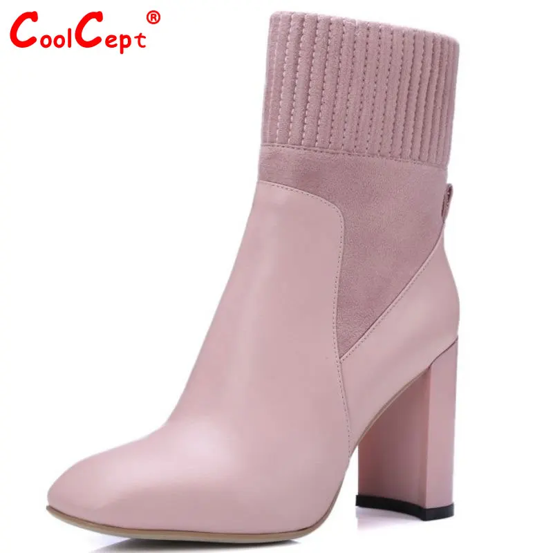 

Brand New Woman Real Genuine Leather Square Heel Half Short Boots Women Retro Square Toe Heeled Shoes Footwear Size 34-39