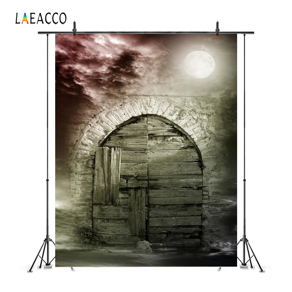

Laeacco Old Brick Wall Wooden Arch Door Moon Dusk Photography Backgrounds Customized Photographic Backdrops For Photo Studio