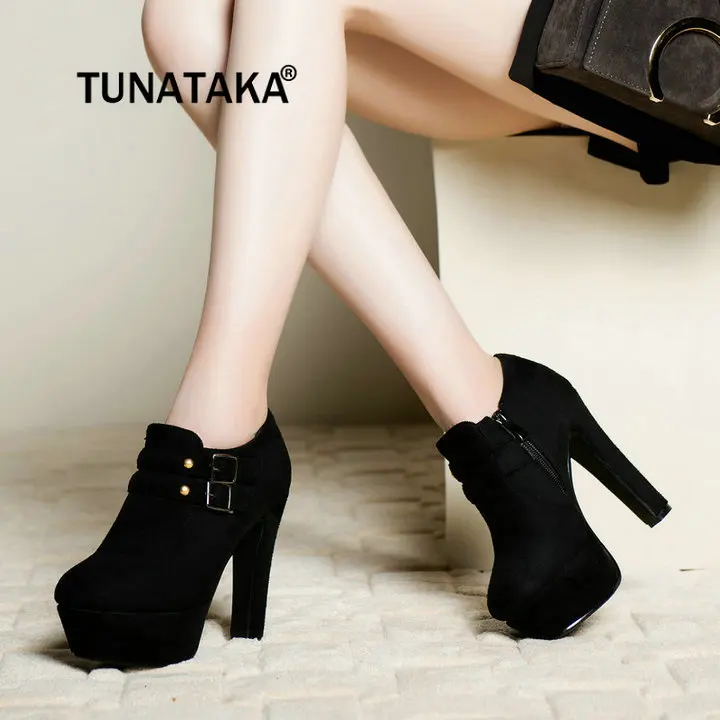 

Women Chunky High Heel Ankle Boots Side Zipper Winter Fashion Woman Shoes Black Gray