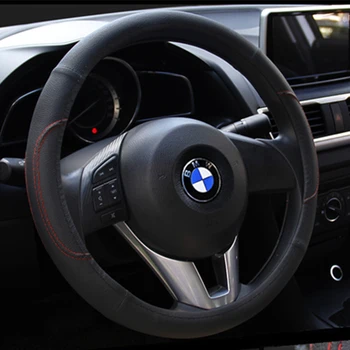 

KKYSYELVA Black Car Sport Steering Wheel Cover Leather Auto Steering Covers Universal 38CM wheel covers Car Inter Accessories