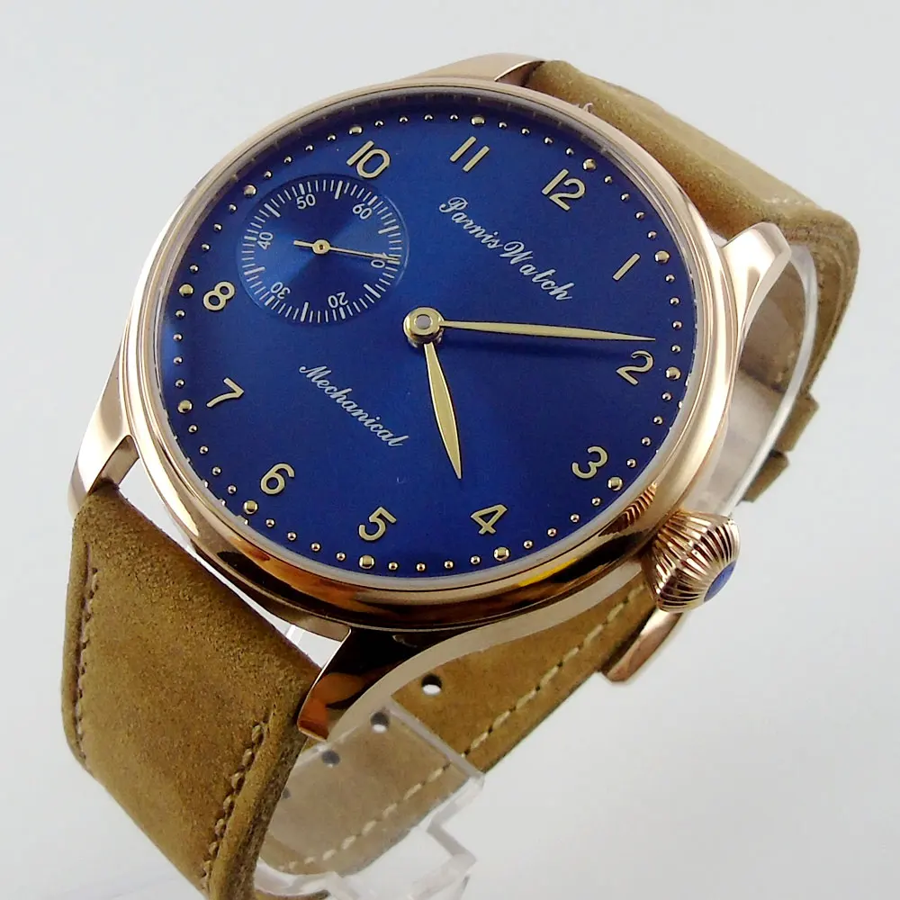 44mm Parnis Blue Dial Genuine Leather Strap rose golden case Hand Winding Mechanical Men's watches 44mm Parnis Blue Dial Genuine Leather Strap rose golden case Hand Winding Mechanical Men's watches