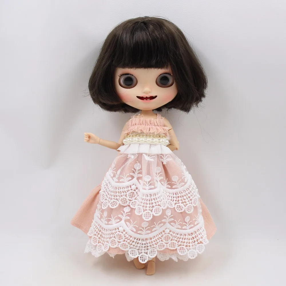 Neo Blythe Doll Pink White Embroidery Pearls Dress with Hairband 3