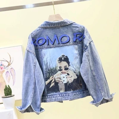 blue Винтажная джинсовая куртка короткая верхняя одежда женские свободные весенне-осенние студенческие джинсы с принтом куртки женские пальто в стиле Харадзюку женская уличная одежда - Цвет: blue