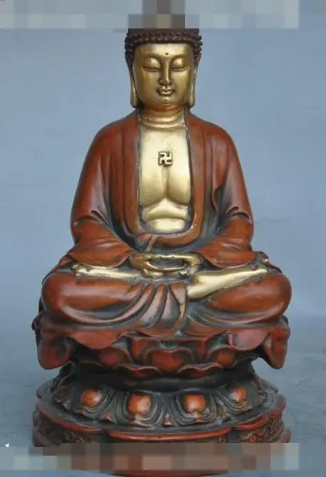 

S00805 Chinese Buddhism pure red bronze 24K Gold Gild sakyamuni Amitabha buddha statue